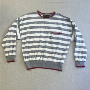 Striped Gray & White Crewneck Sweater with Red Trim — Women